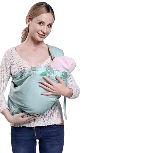 Coussin allaitement en écharpe avec une mère portant son bébé à l'intérieur de ce dernier et l'enlacent avec un de ces bras