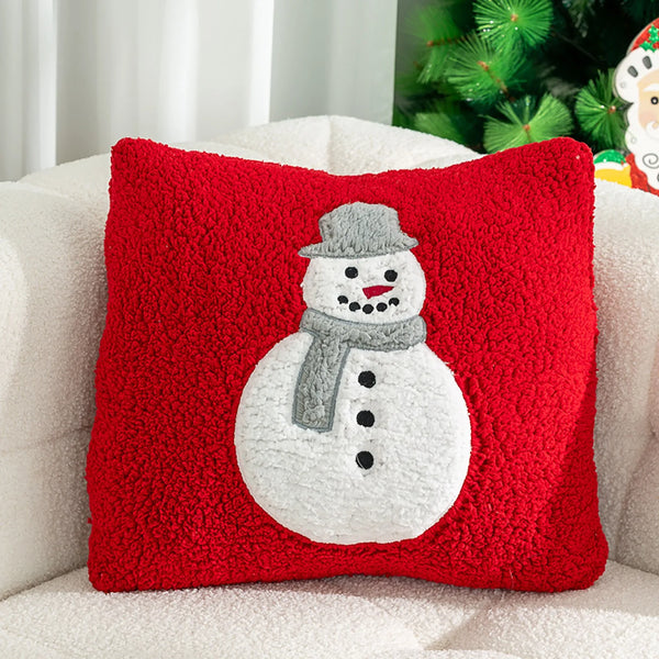 Coussin de Noël en velours rouge avec motif brodé Bonhomme de Neige 25x25 cm