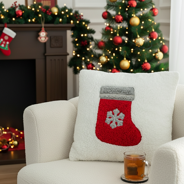 Coussin décoratif en forme de chaussette de Noël rouge et blanc avec flocon brodé