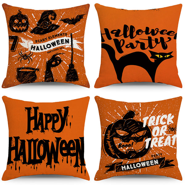 4 coussins avec different motif dessu un chat et des tete de citouille