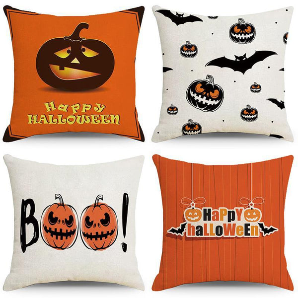 Coussins décoratifs pour Halloween avec motifs de citrouilles et chauves-souris. Ensemble de housses de coussin en lin avec designs festifs orange et noir.