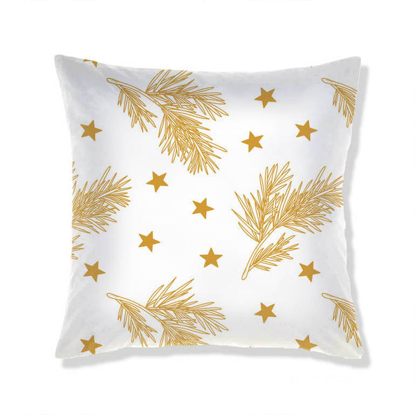 Coussin de Noël avec motifs de branches de sapin dorées et étoiles sur fond blanc