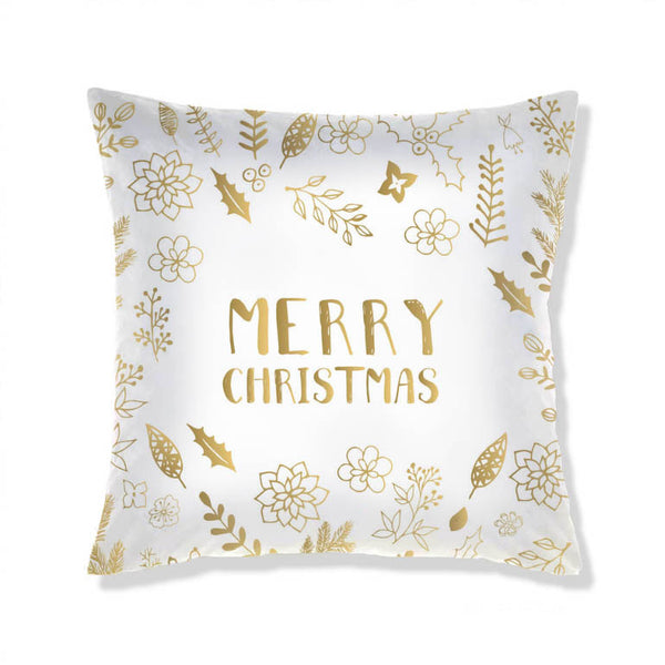 Coussin de Noel avec motifs de branches de sapin dorées et étoiles sur fond blanc