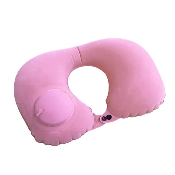 Coussin de voyage gonflable en forme de U sur fond blanc