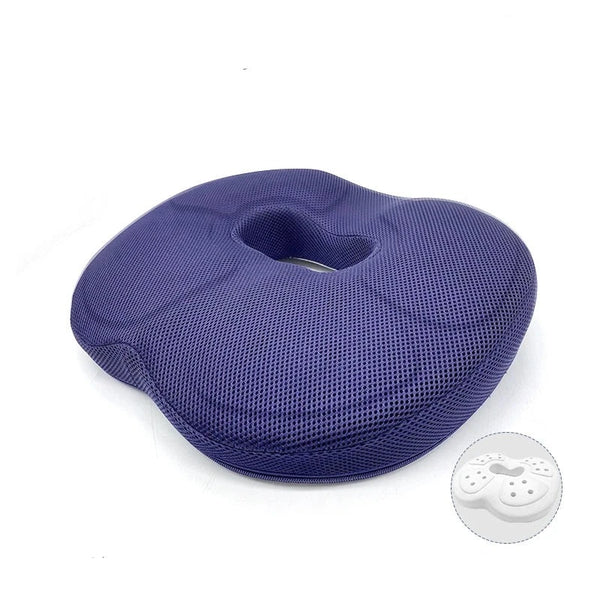 Coussin coccyx ergonomique d'assise bleu sur fond blanc