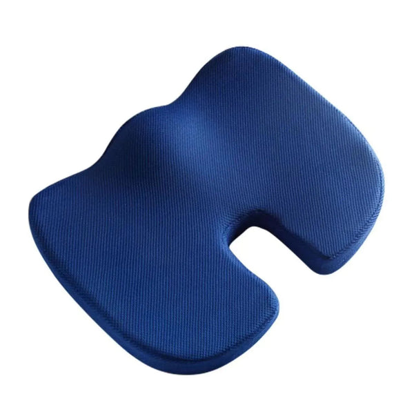 Coussin coccyx ergonomique à mémoire de forme bleu sur fond blanc