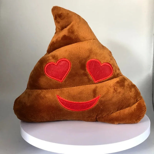 Coussin peluche émoji caca amoureux avec les deux yeux en formes de coeur rouge et la bouche rouge 